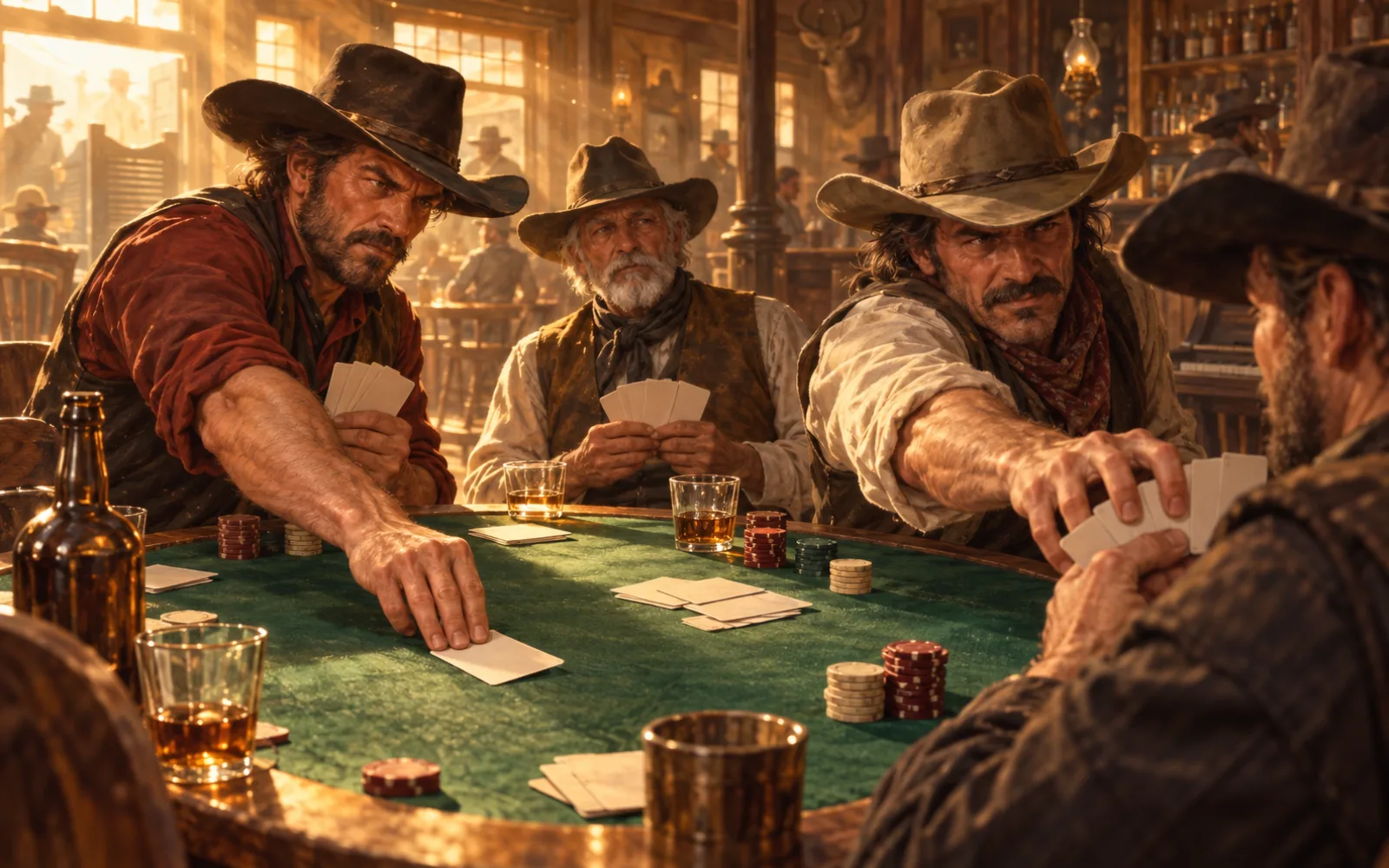Des joueurs de cartes se disputent autour d'une table de saloon au soleil couchant.