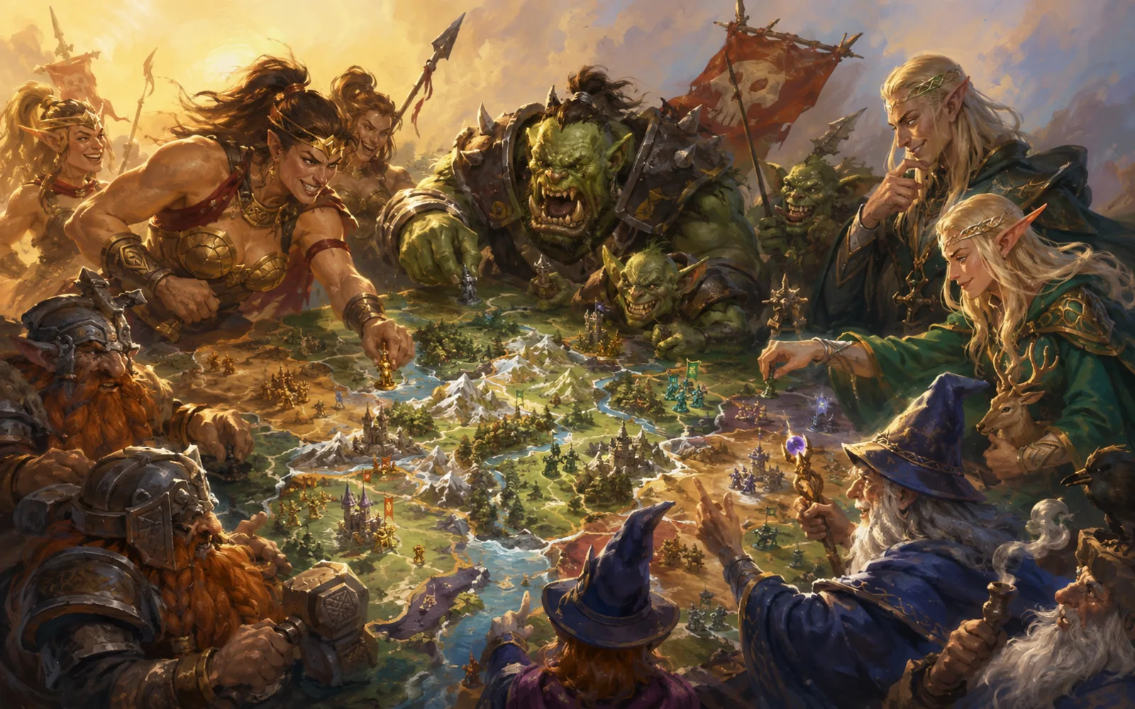 Des peuples fantastiques s'affrontent sur une carte de régions.